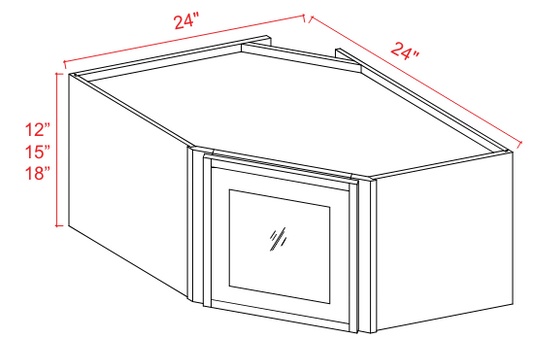 Wall Cabinet - Diagonal Corner, Glass Door - White - Slim Shaker