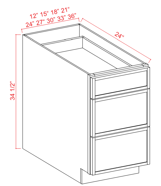 Base Cabinet 3 Drawer 12"W x 34-1/2"H x 24"D-White-Slim Shaker