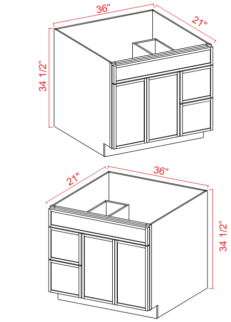 Vanity 1 False Front, 2 Door, 2 Left Drawer 36"W x 34-1/2" x 21"D-White-Slim Shaker