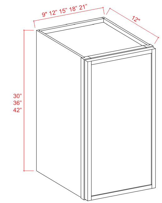 Wall Cabinet 1 Door 2 Shelves 09"W x 30"H x 12"D-White-Slim Shaker