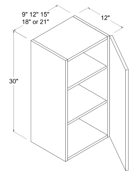 Wall Cabinet 1 Door 2 Shelves 09"W x 36"H x 12"D-White-Gloss Frameless