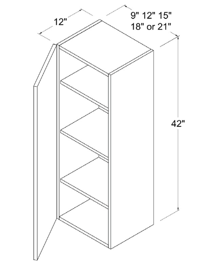 Wall Cabinet 1 Door 2 Shelves 09"W x 42"H x 12"D-White-Gloss Frameless