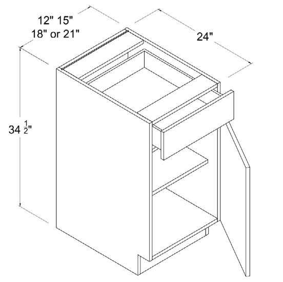 Base Cabinet 1 Door 2 Shelves 12"W x 34-1/2"H x 24"D-White-Gloss Frameless