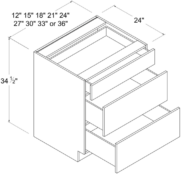 Base Cabinet 3 Drawer 12"W x 34-1/2"H x 24"D-White-Gloss Frameless