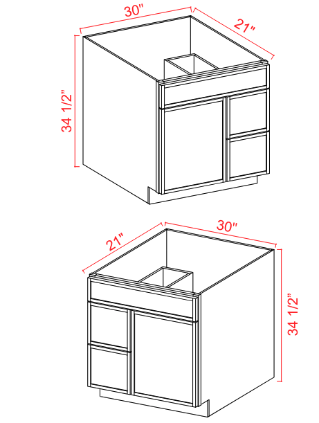 Vanity Sink base 1 False Front1D 2 Left DRW 30"W x 34.5" x 21"D-White Oak-Slim Shaker